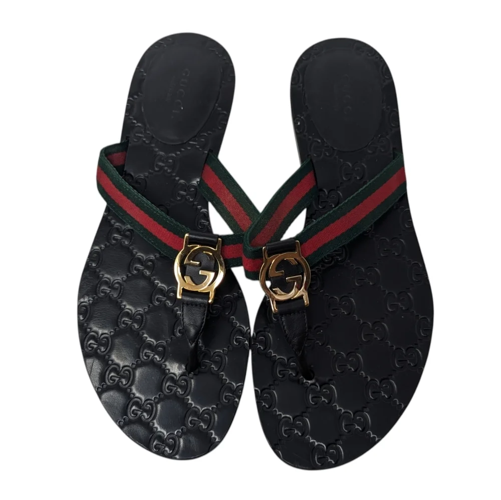Gucci Black Lifford Web Interlocking G Thong Flip Flop Sandals Size EU 39